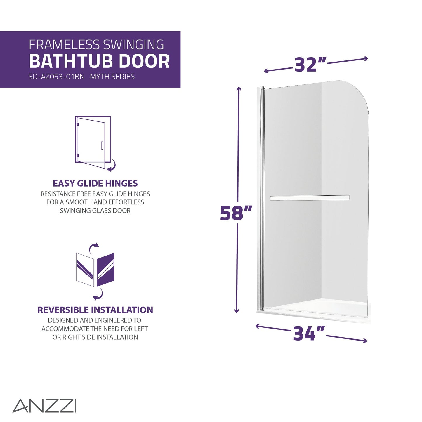 ANZZI Myth Series 34" x 58" Brushed Nickel Frameless Hinged Bathtub Door With Tsunami Guard