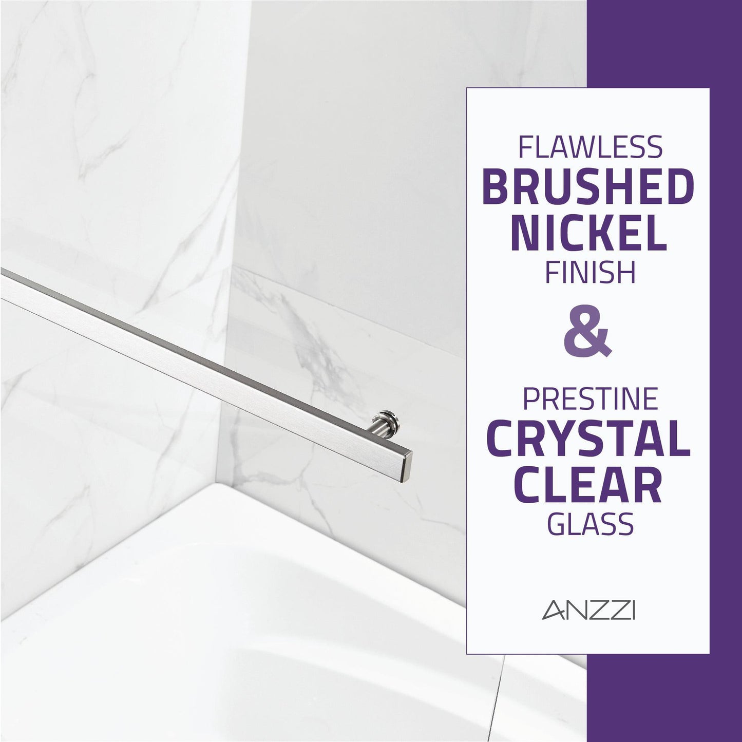 ANZZI Myth Series 34" x 58" Brushed Nickel Frameless Hinged Bathtub Door With Tsunami Guard