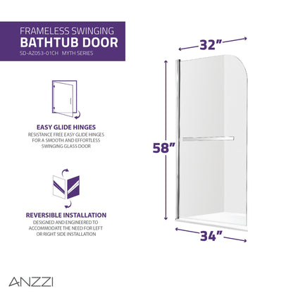 ANZZI Myth Series 34" x 58" Polished Chrome Frameless Hinged Bathtub Door With Tsunami Guard