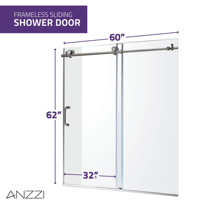 ANZZI Raymore Series 60" x 62" Brushed Nickel Frameless Sliding Bathtub Door With Tsunami Guard