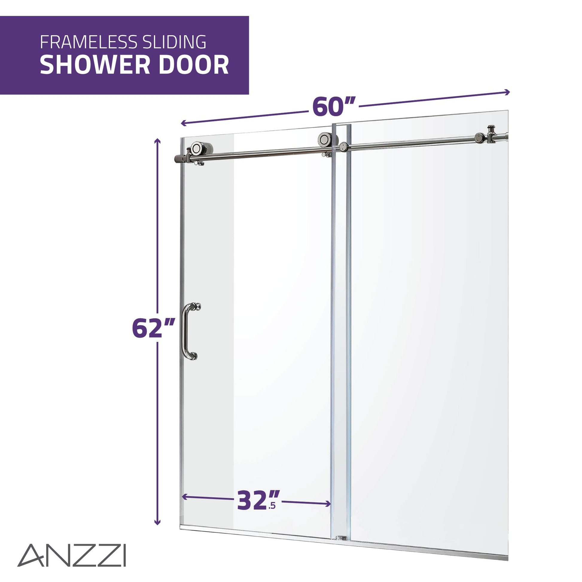 ANZZI Raymore Series 60" x 62" Polished Chrome Frameless Sliding Bathtub Door With Tsunami Guard