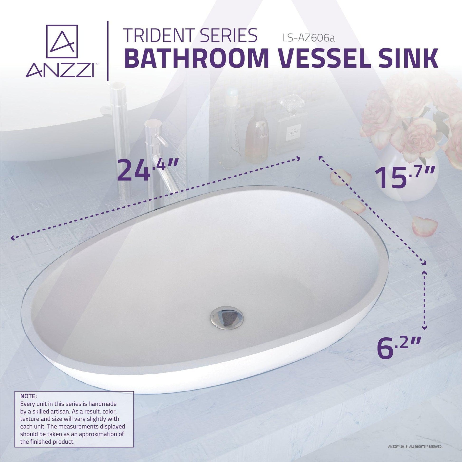 ANZZI Trident Series 24" x 16" Oval Shape Vessel Sink in Matte White Finish
