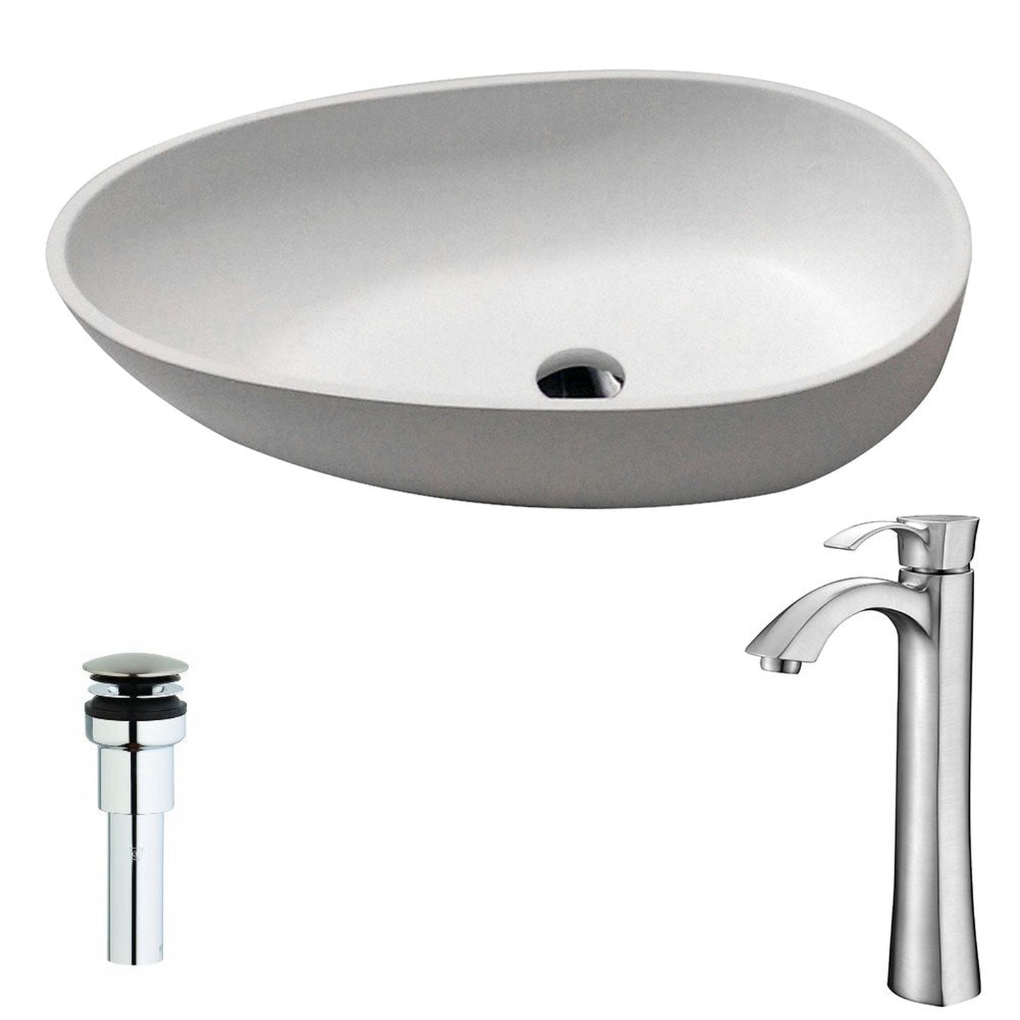 ANZZI Trident Series 24" x 16" Oval Shape Vessel Sink in Matte White Finish With Brushed Nickel Harmony Vessel Faucet and Pop-up Drain