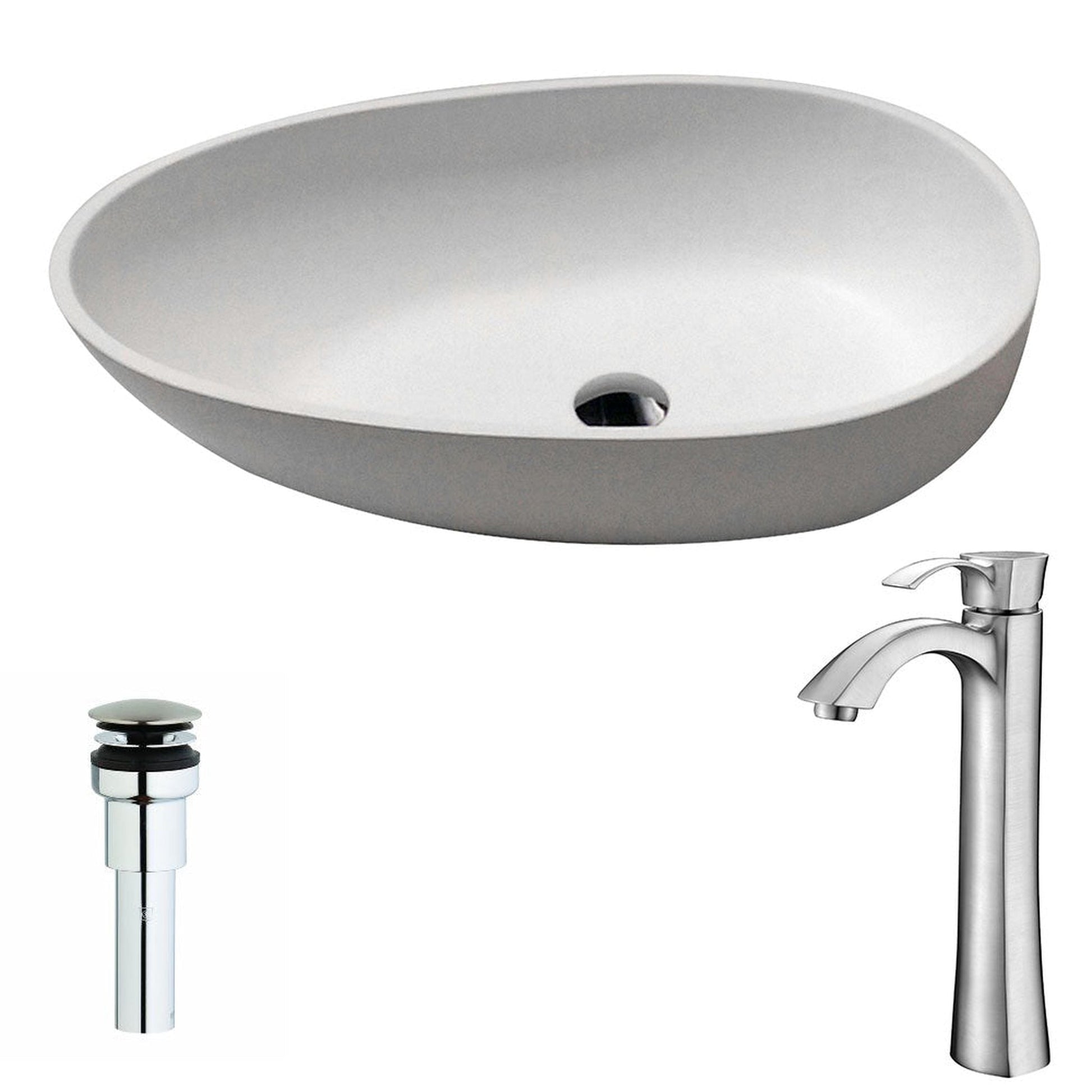 ANZZI Trident Series 24" x 16" Oval Shape Vessel Sink in Matte White Finish With Brushed Nickel Harmony Vessel Faucet and Pop-up Drain