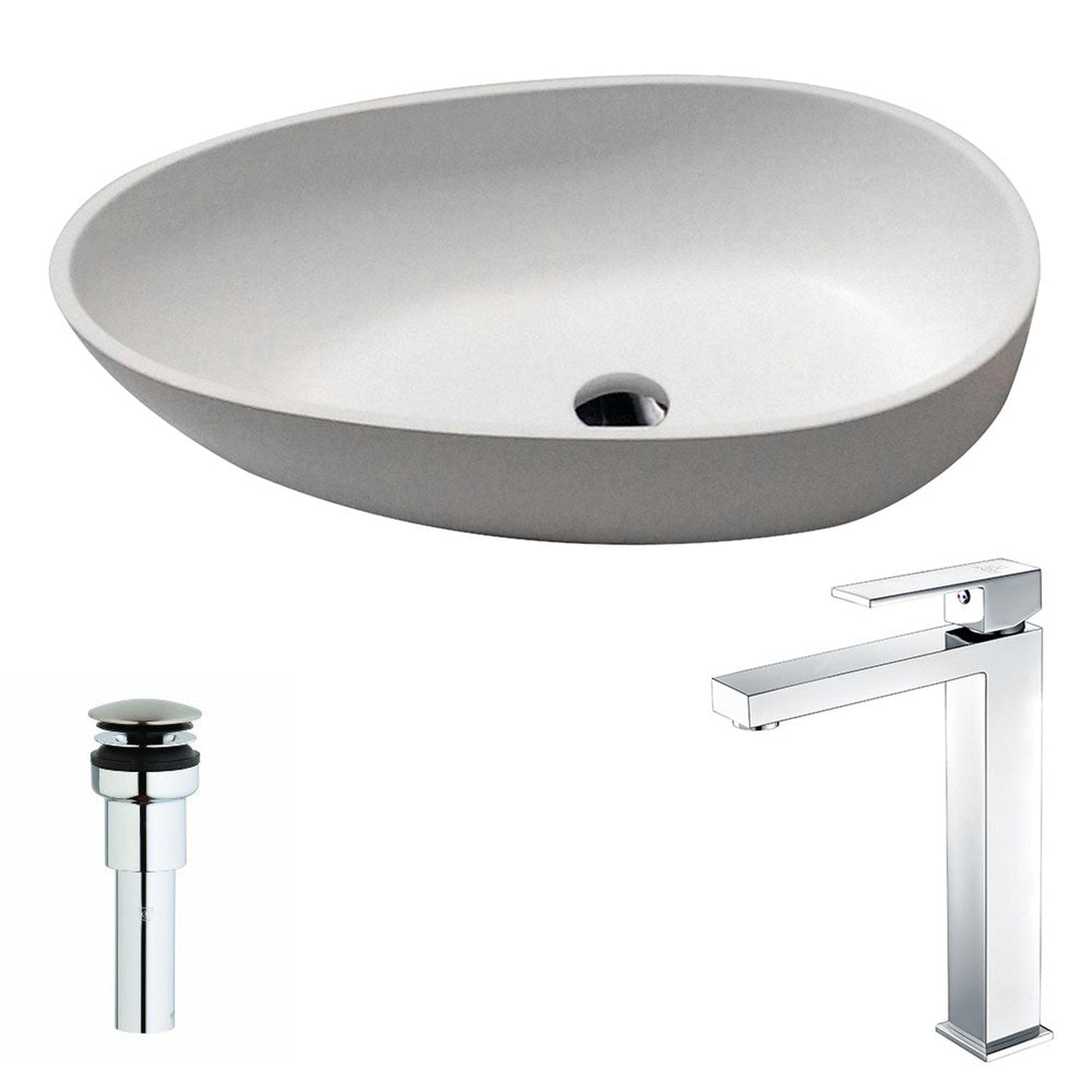 ANZZI Trident Series 24" x 16" Oval Shape Vessel Sink in Matte White Finish With Polished Chrome Enti Faucet and Pop-up Drain