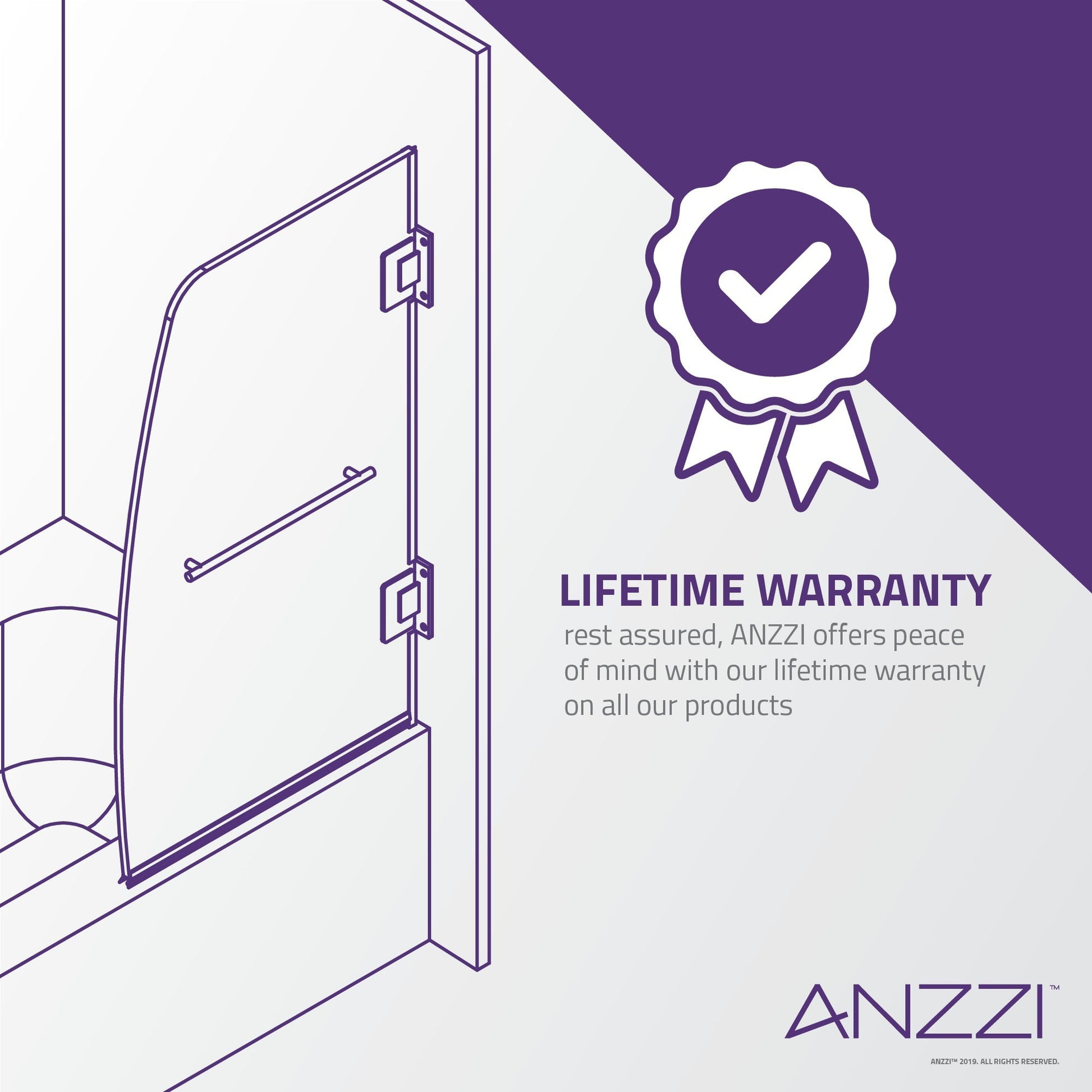 ANZZI Vensea Series 34" x 58" Polished Chrome Frameless Hinged Bathtub Door With Tsunami Guard