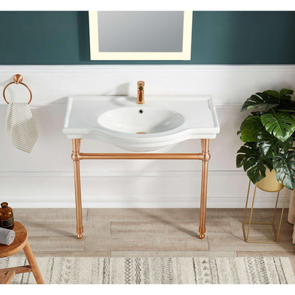 ANZZI Viola Series 35" x 34" White Ceramic Console Sink With Rose Gold Stainless Steel Stand Legs
