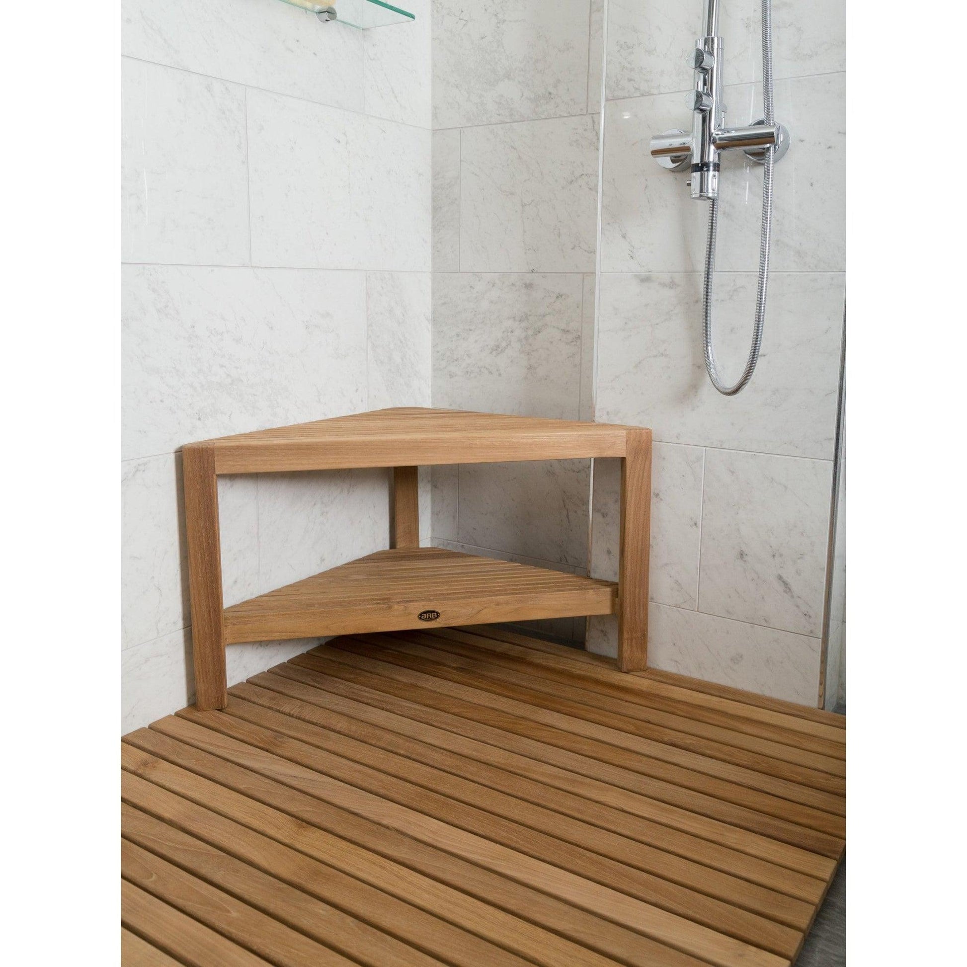 ARB Teak & Specialties Fiji 32" Solid Teak Wood Corner Shower Bench With Built-in Shelf
