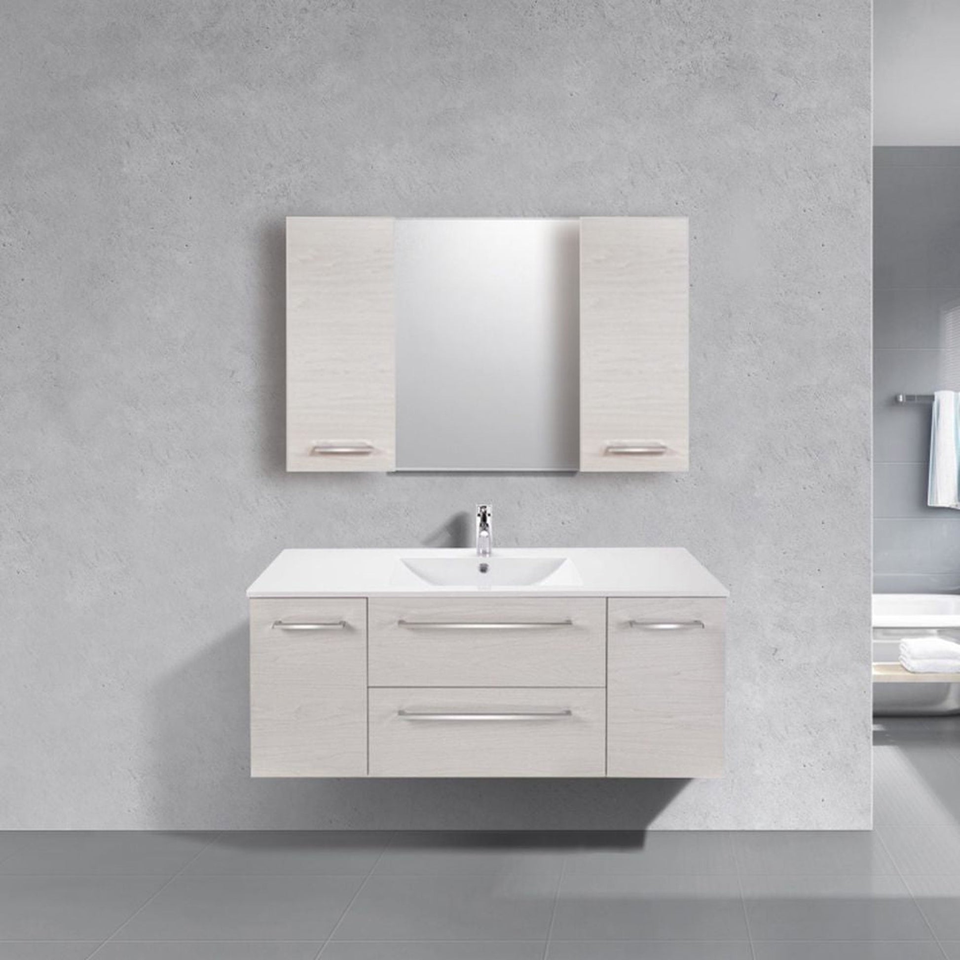 Abby Bath Aiden 48” x 20” Wall-Mounted Vanity in Winter White Finish With Two Drawers and Chrome Handles