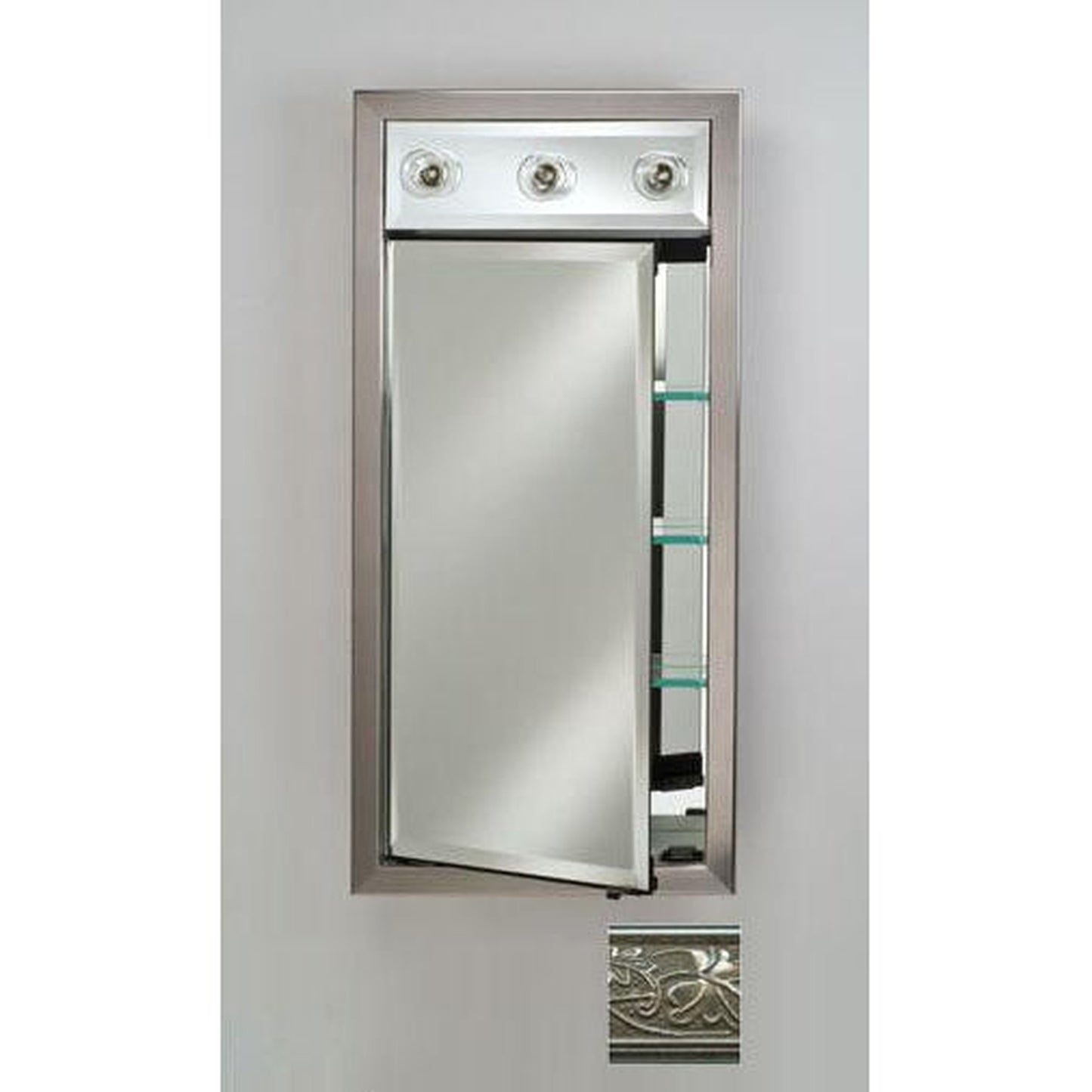 Afina Signature 17" x 30" Aristocrat Antique Silver Recessed Right Hinged Single Door Medicine Cabinet With Contemporary Lights