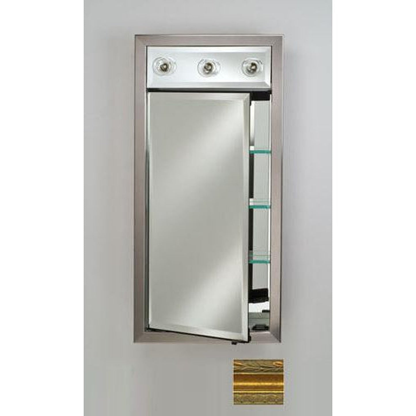 Afina Signature 17" x 30" Chateau Antique Gold Recessed Left Hinged Single Door Medicine Cabinet With Contemporary Lights