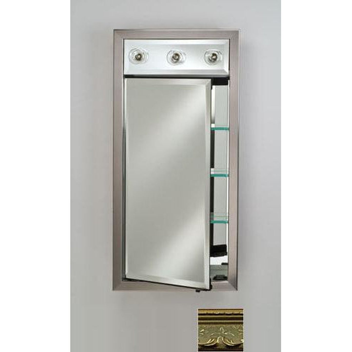 Afina Signature 17" x 30" Majestic Brilliant Gold Recessed Left Hinged Single Door Medicine Cabinet With Contemporary Lights