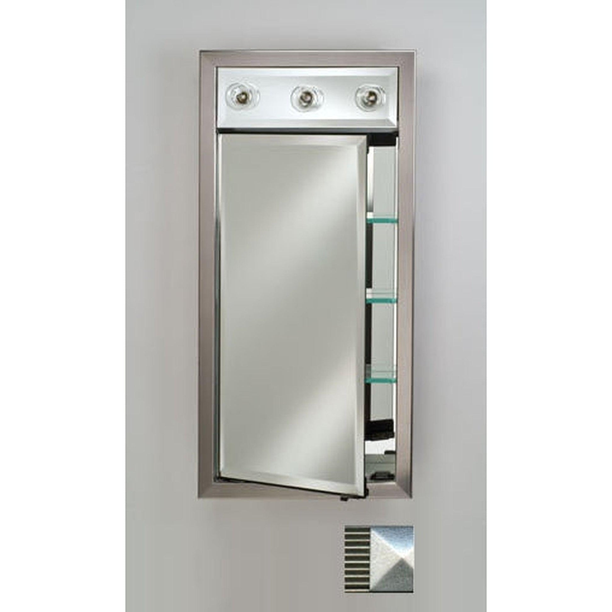 Afina Signature 17" x 30" Meridian Antique Silver with Antique Silver Caps Recessed Left Hinged Single Door Medicine Cabinet With Contemporary Lights