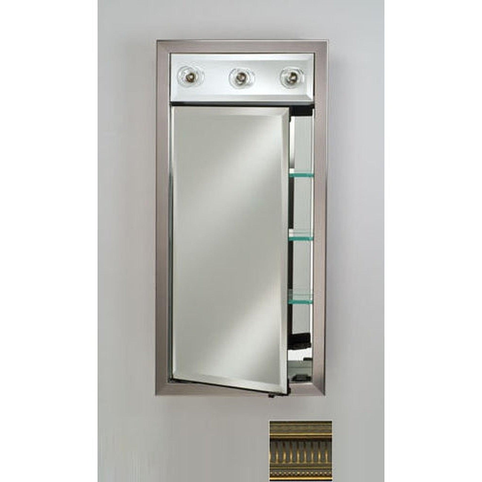 Afina Signature 17" x 30" Roman Antique Gold Recessed Left Hinged Single Door Medicine Cabinet With Contemporary Lights