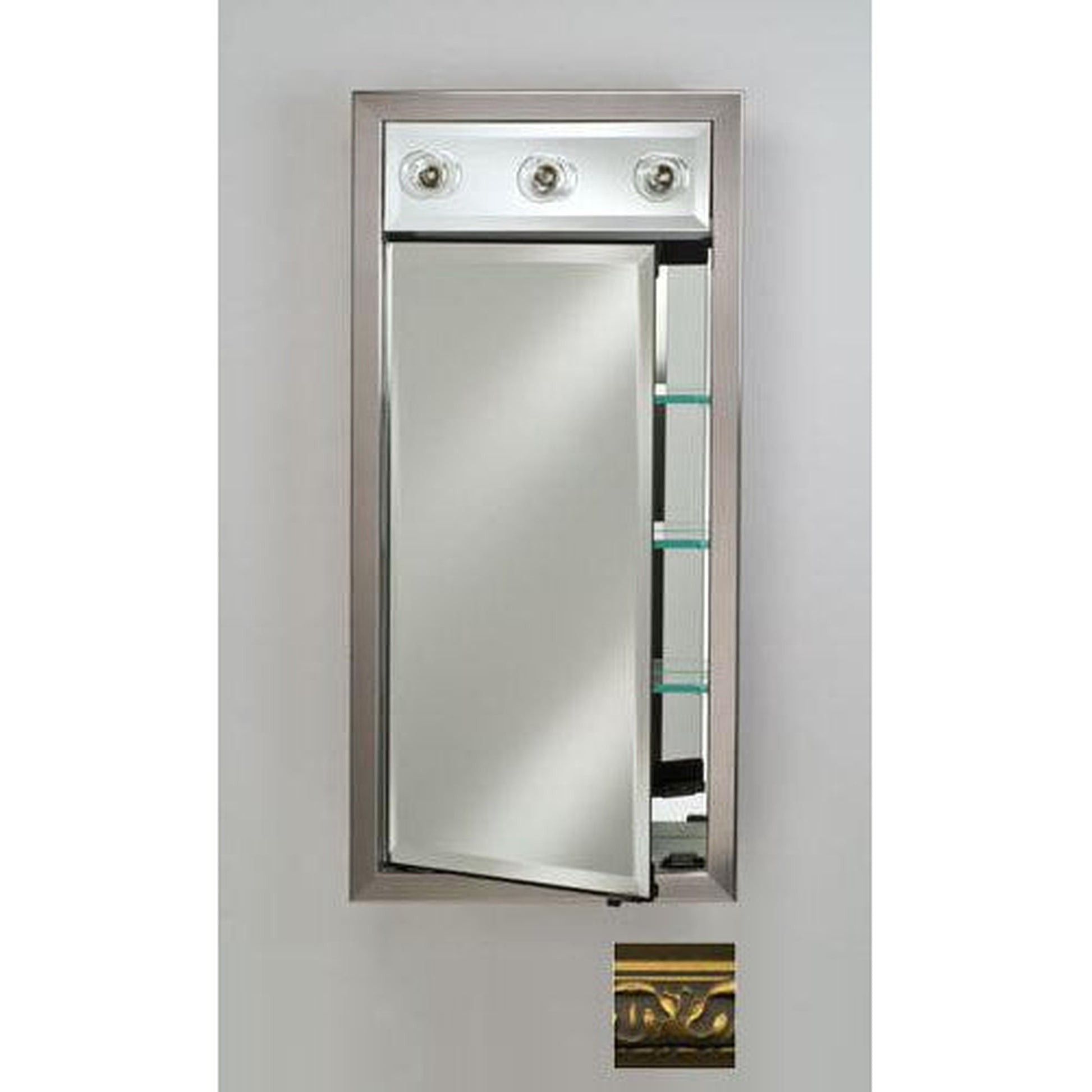 Afina Signature 17" x 30" Valencia Antique Gold Recessed Right Hinged Single Door Medicine Cabinet With Contemporary Lights
