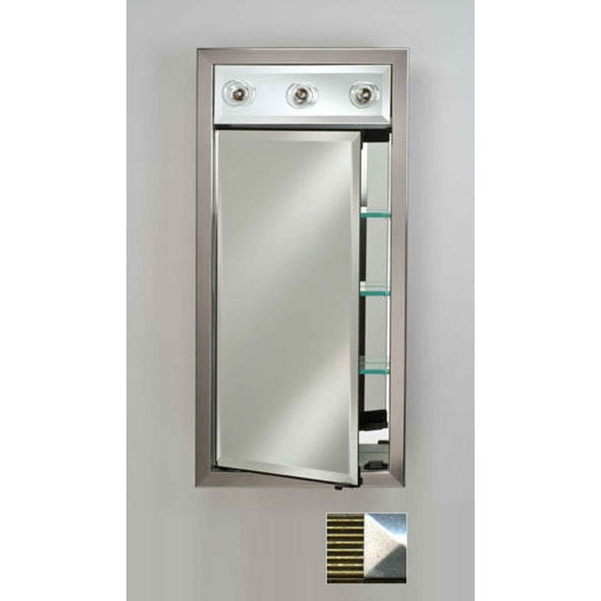 Afina Signature 17" x 34" Meridian Antique Gold With Antique Silver Caps Recessed Left Hinged Single Door Medicine Cabinet With Contemporary Lights