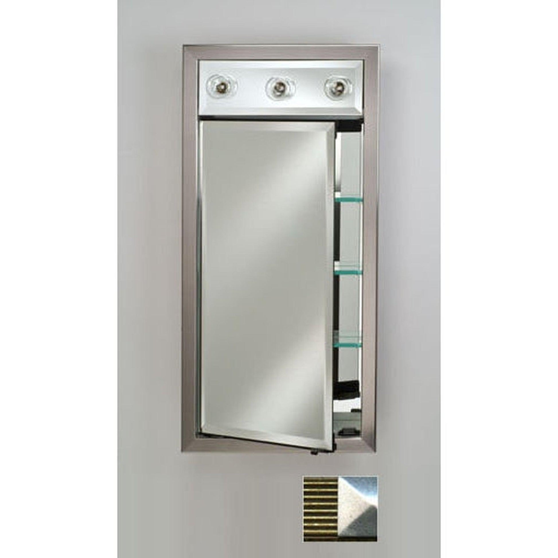 Afina Signature 17" x 34" Meridian Antique Gold With Antique Silver Caps Recessed Right Hinged Single Door Medicine Cabinet With Contemporary Lights