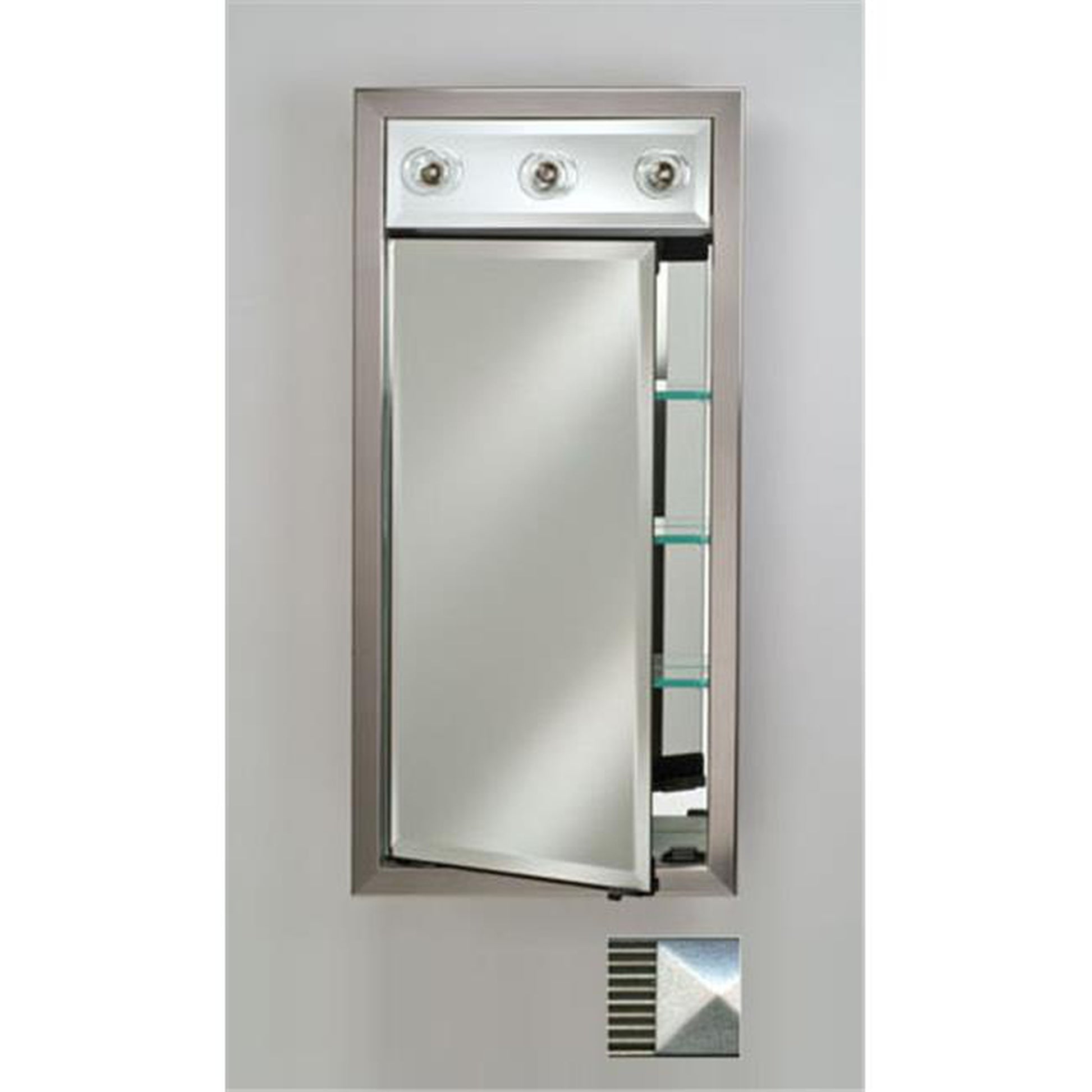 Afina Signature 17" x 34" Meridian Antique Silver With Antique Silver Caps Recessed Left Hinged Single Door Medicine Cabinet With Contemporary Lights
