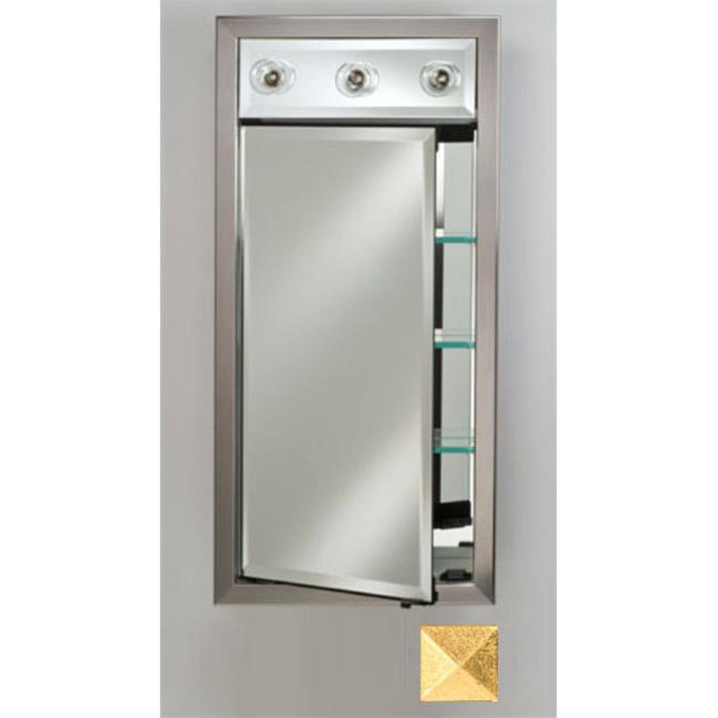 Afina Signature 17" x 40" Meridian Antique Silver With Antique Gold Caps Recessed Right Hinged Single Door Medicine Cabinet With Contemporary Lights