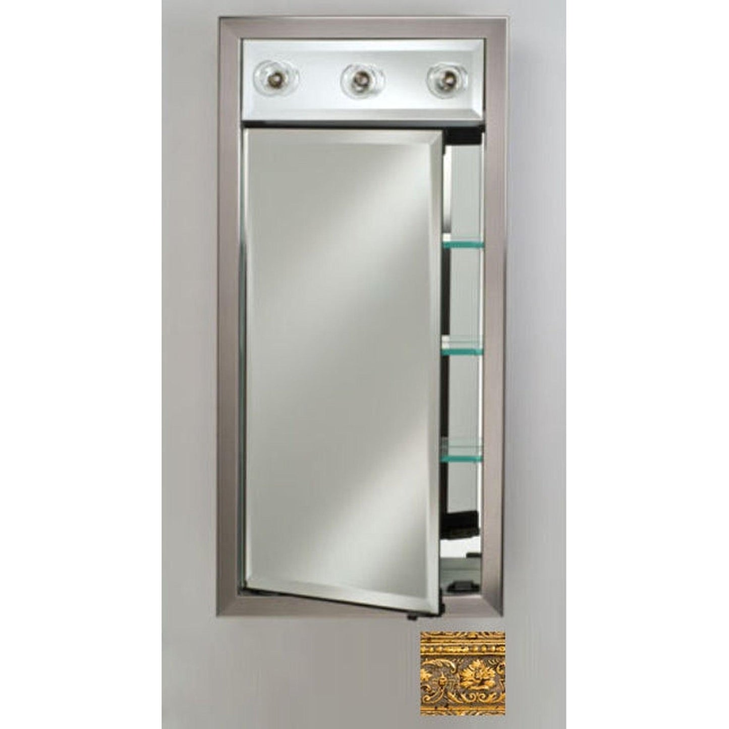 Afina Signature 17" x 40" Regal Antique Gold Recessed Left Hinged Single Door Medicine Cabinet With Contemporary Lights