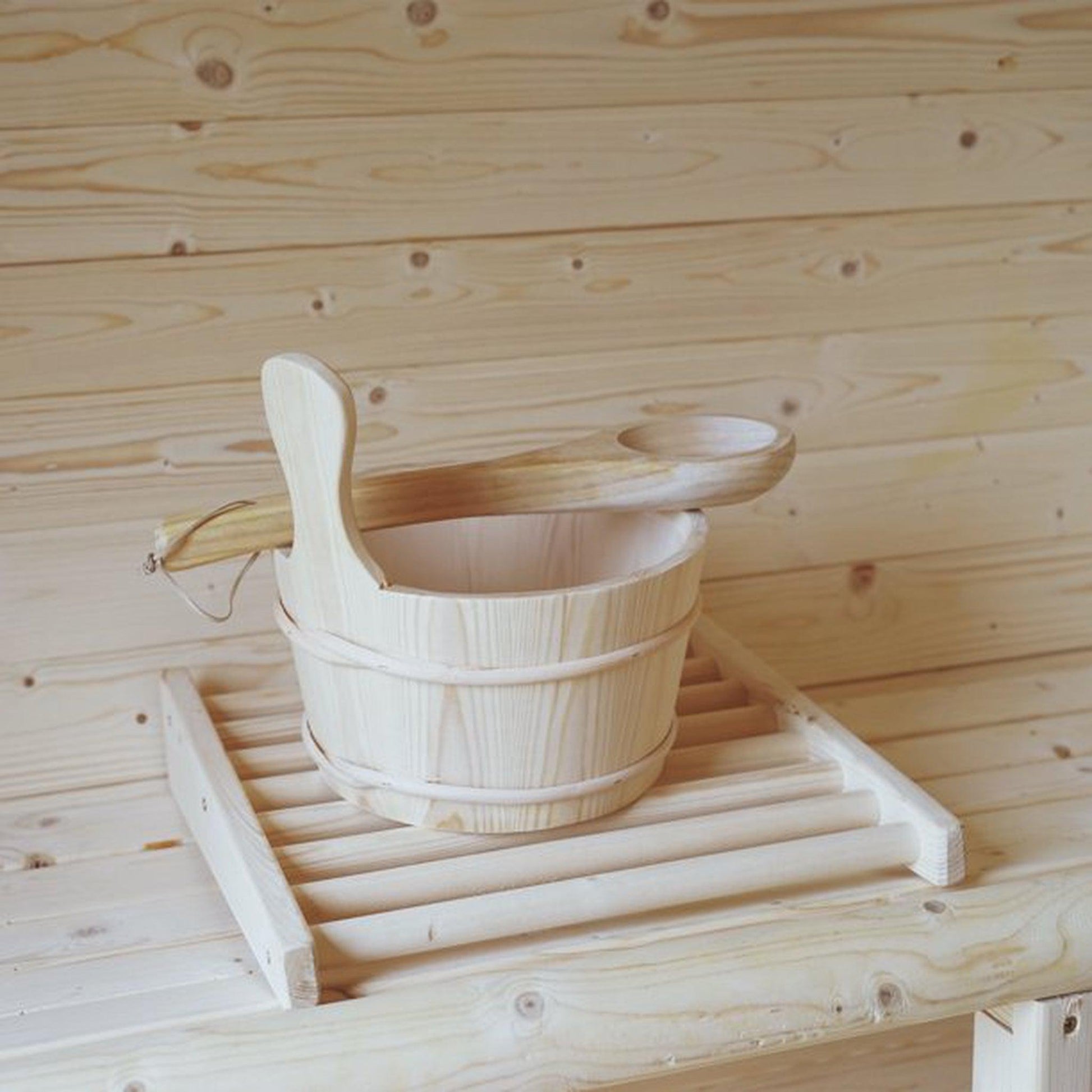 Aleko Aspine Wood Bucket With Plastic Liner and Water Scoop Sauna Accessory