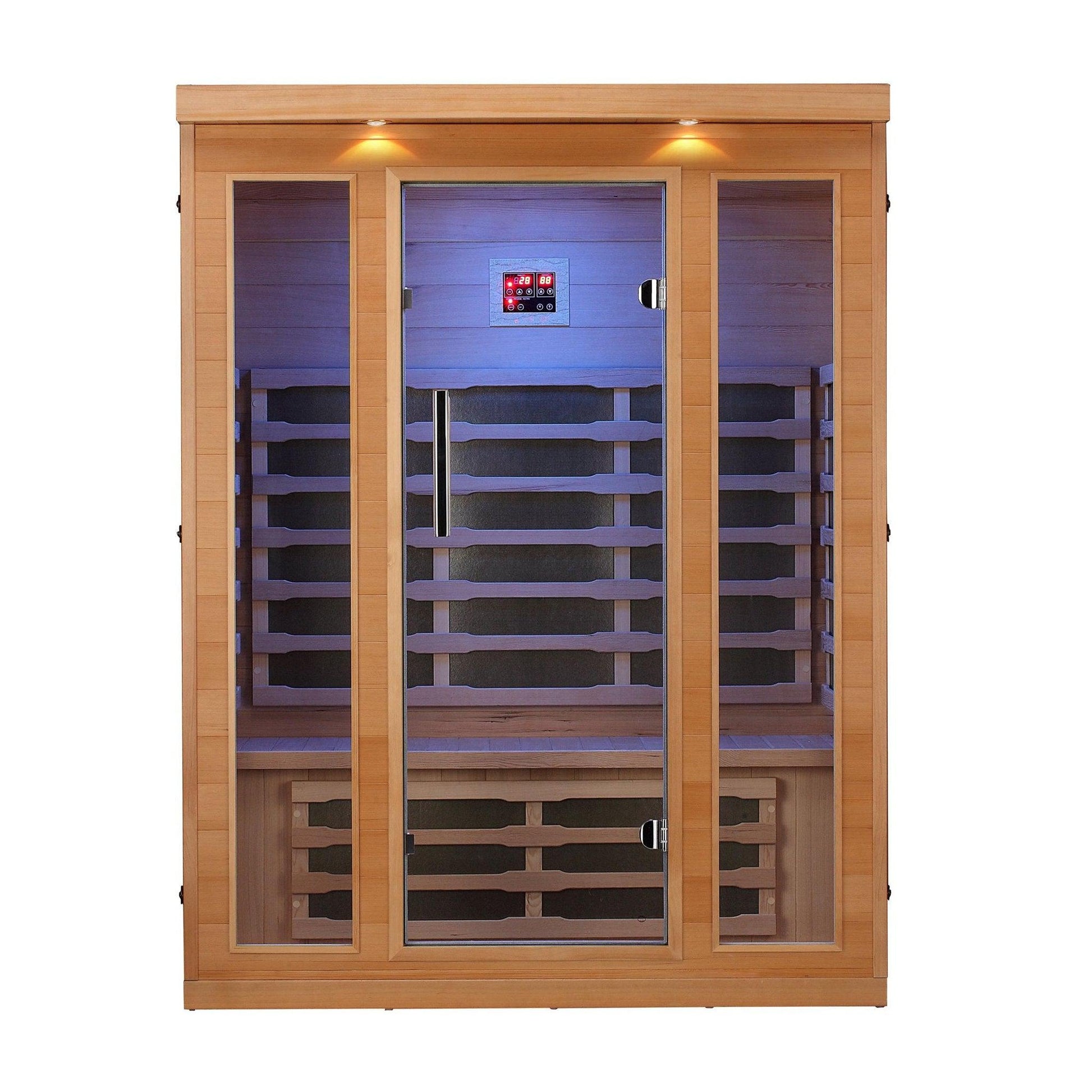 Aleko Canadian Hemlock 3-Person Indoor Infrared Sauna With EMF Mica Carbon Heater, Control Panel and Multi-Colored Light Spectrum