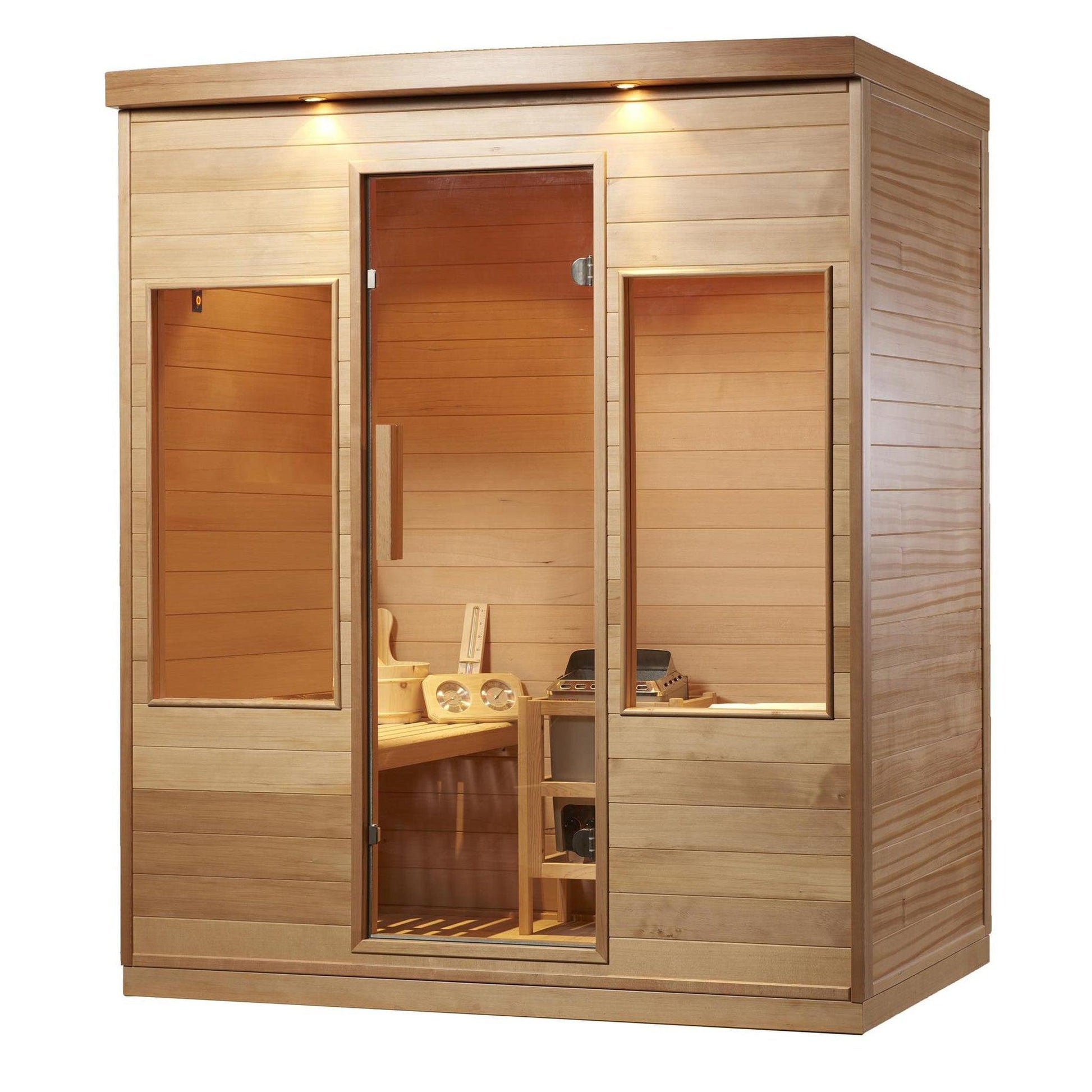 Aleko Canadian Hemlock 4-Person Indoor Wet Dry Steam Sauna With 4.5 kW ETL Certified Heater and Exterior Lights