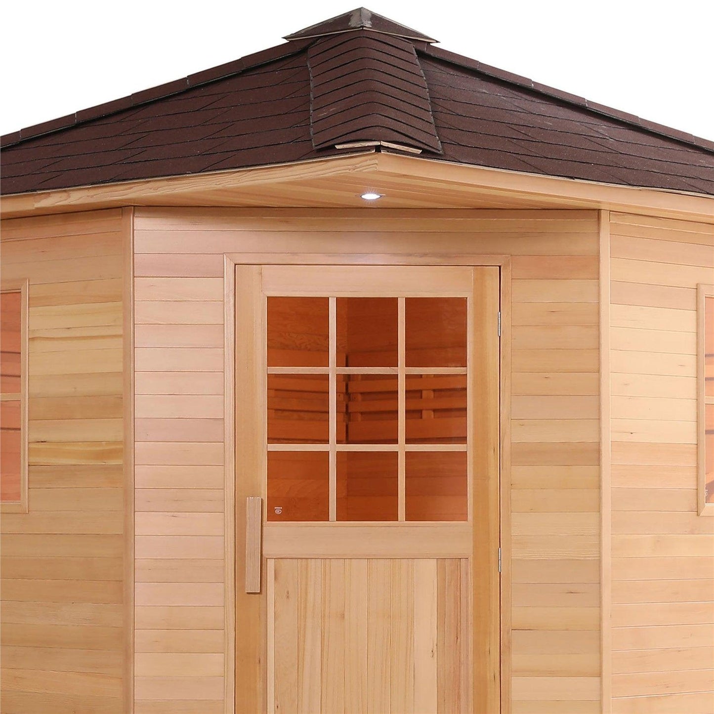 Aleko Canadian Hemlock 8-Person Outdoor Wet Dry Steam Sauna With 8 kW Harvia KIP Electric Sauna Heater and Asphalt Roof