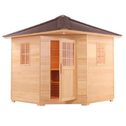 Aleko Canadian Hemlock 8-Person Outdoor Wet Dry Steam Sauna With 8 kW Harvia KIP Electric Sauna Heater and Asphalt Roof