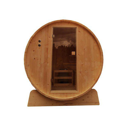 Aleko Rustic Cedar Barrel 4 Person Outdoor Wet Dry Steam Sauna With 4.5 kW Harvia KIP Electric Sauna Heater and Bitumen Shingle Roof