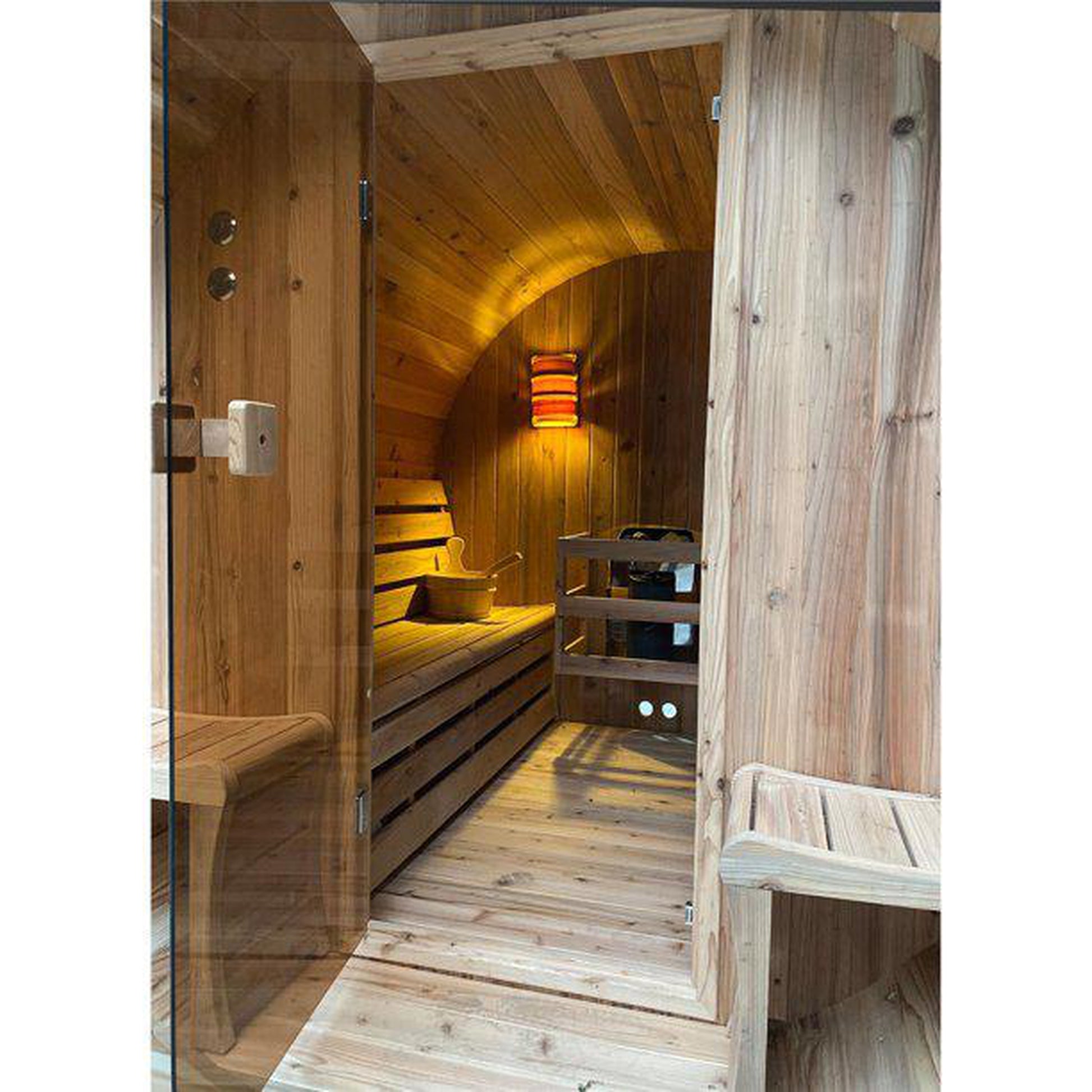 Aleko Rustic Cedar Barrel 6 Person Outdoor Wet Dry Steam Sauna With 6 kW Harvia KIP Electric Sauna Heater and Bitumen Shingle Roof