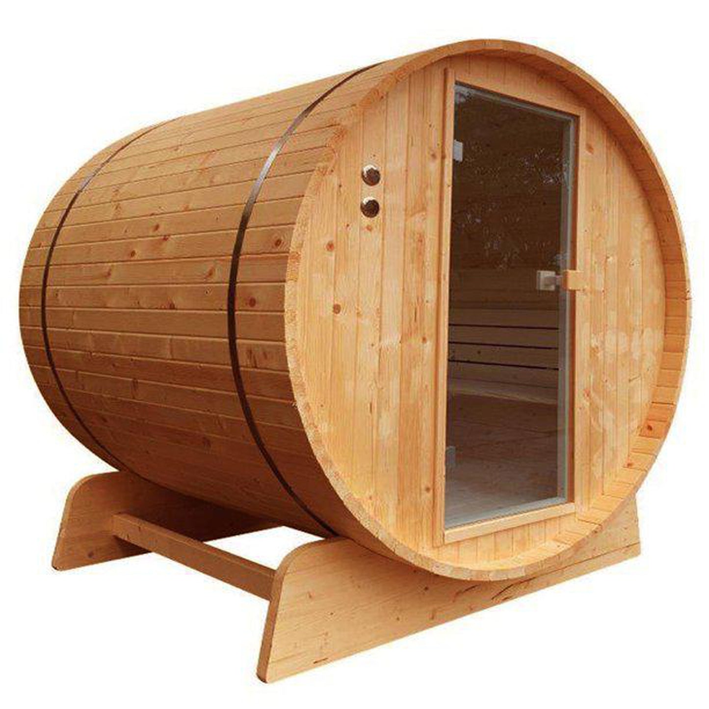 Aleko Rustic Cedar Barrel 8 Person Outdoor Wet Dry Steam Sauna With 8 kW Harvia KIP Electric Sauna Heater and Bitumen Shingle Roof