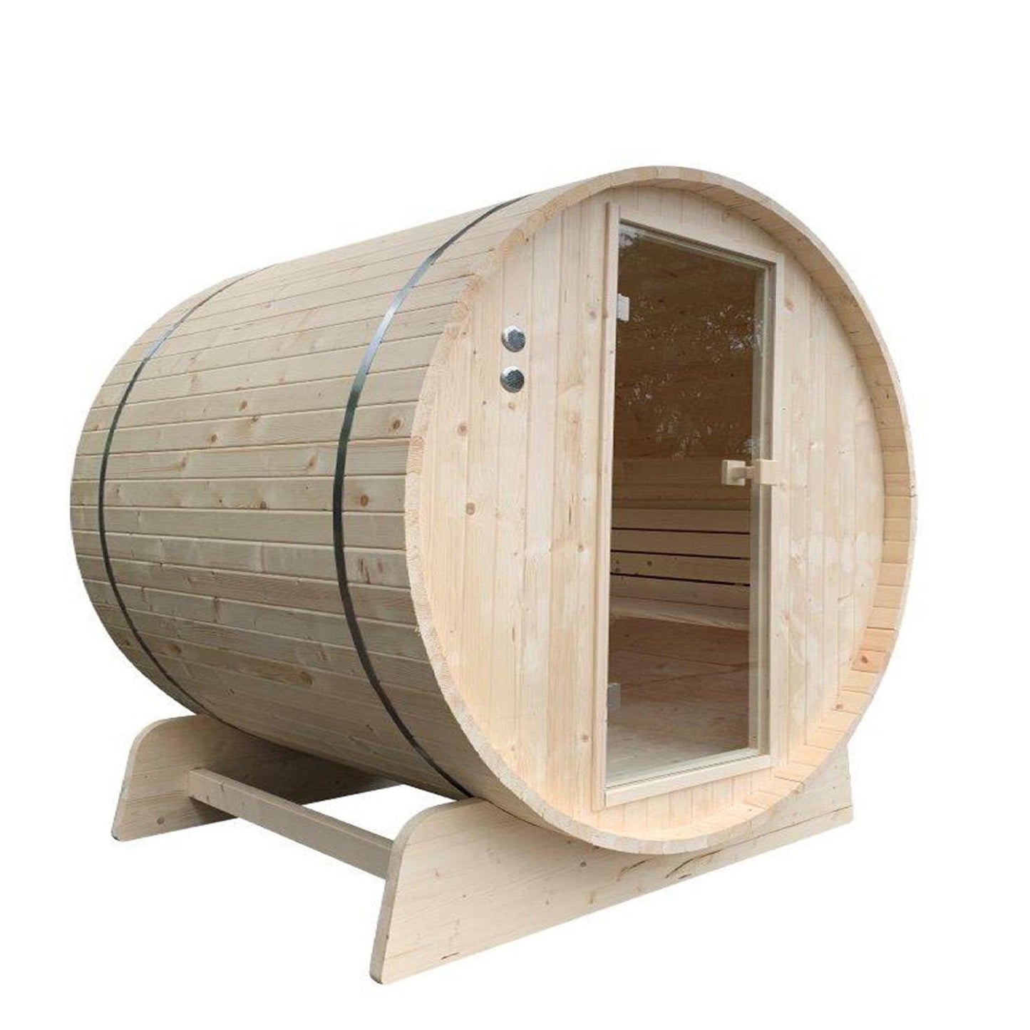 Aleko White Pine Barrel 8 Person Outdoor Wet Dry Sauna With 8 kW Harvia KIP Electric Sauna Heater and Bitumen Shingle Roof