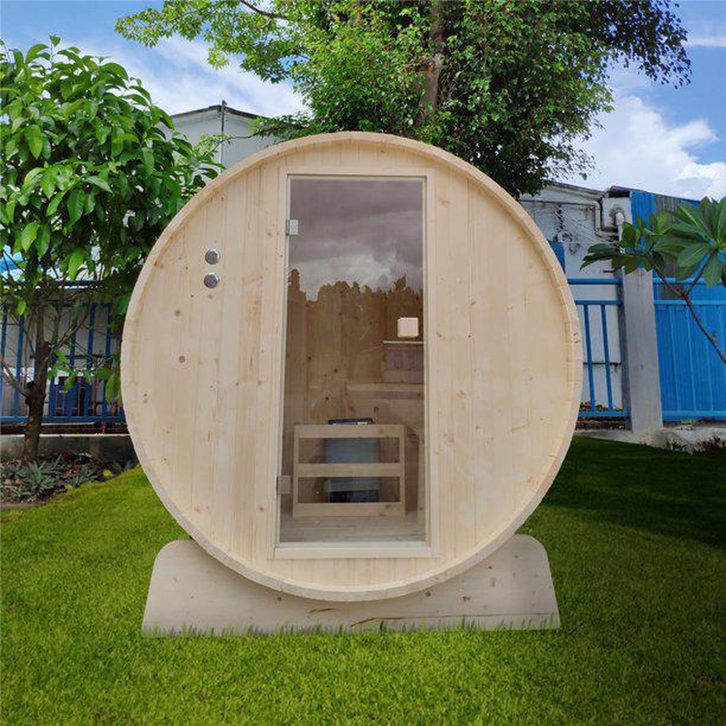 Aleko White Pine Barrel 8 Person Outdoor Wet Dry Sauna With 8 kW Harvia KIP Electric Sauna Heater and Bitumen Shingle Roof
