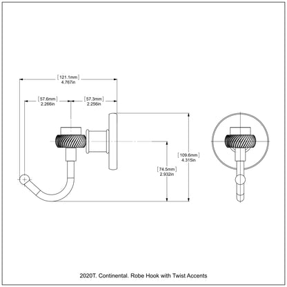 Allied Brass Skyline 2020T 2.8" x 4.77" Polished Brass Solid Brass Robe Hook With Twist Accents