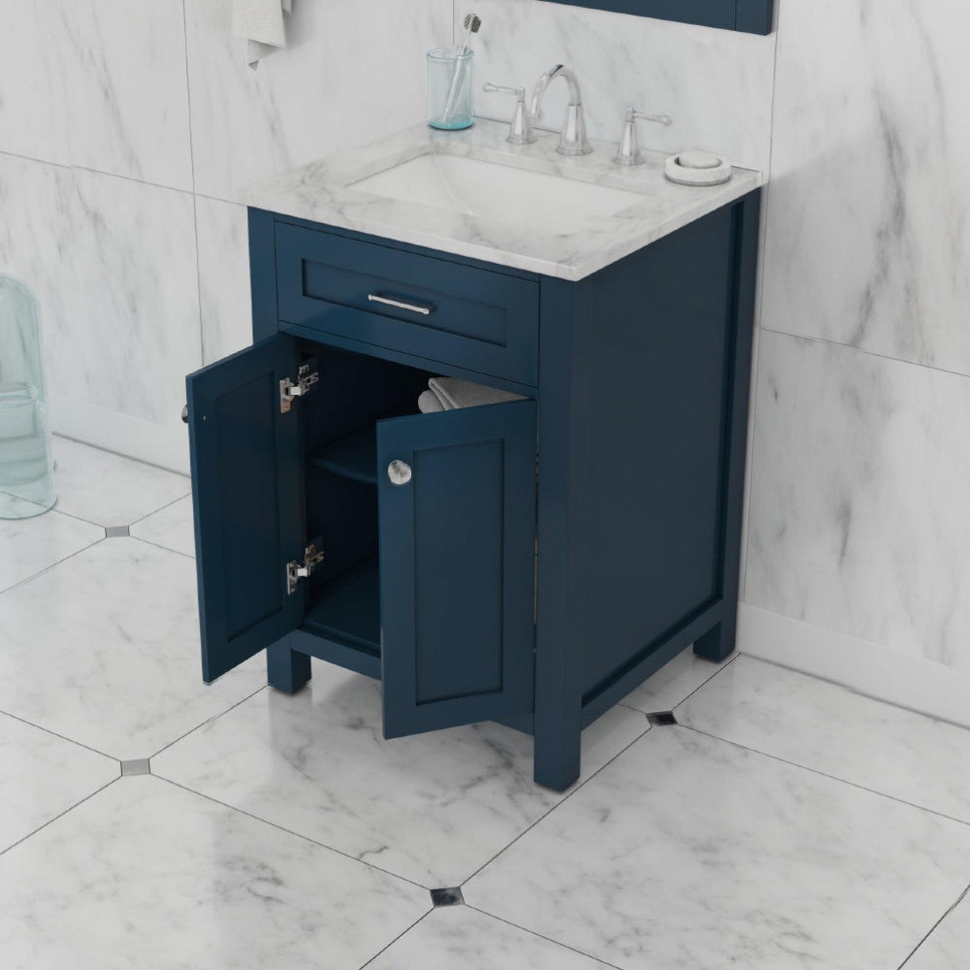 Alya Bath Norwalk 24" Single Blue Freestanding Bathroom Vanity With Carrara Marble Top, Ceramic Sink and Wall Mounted Mirror