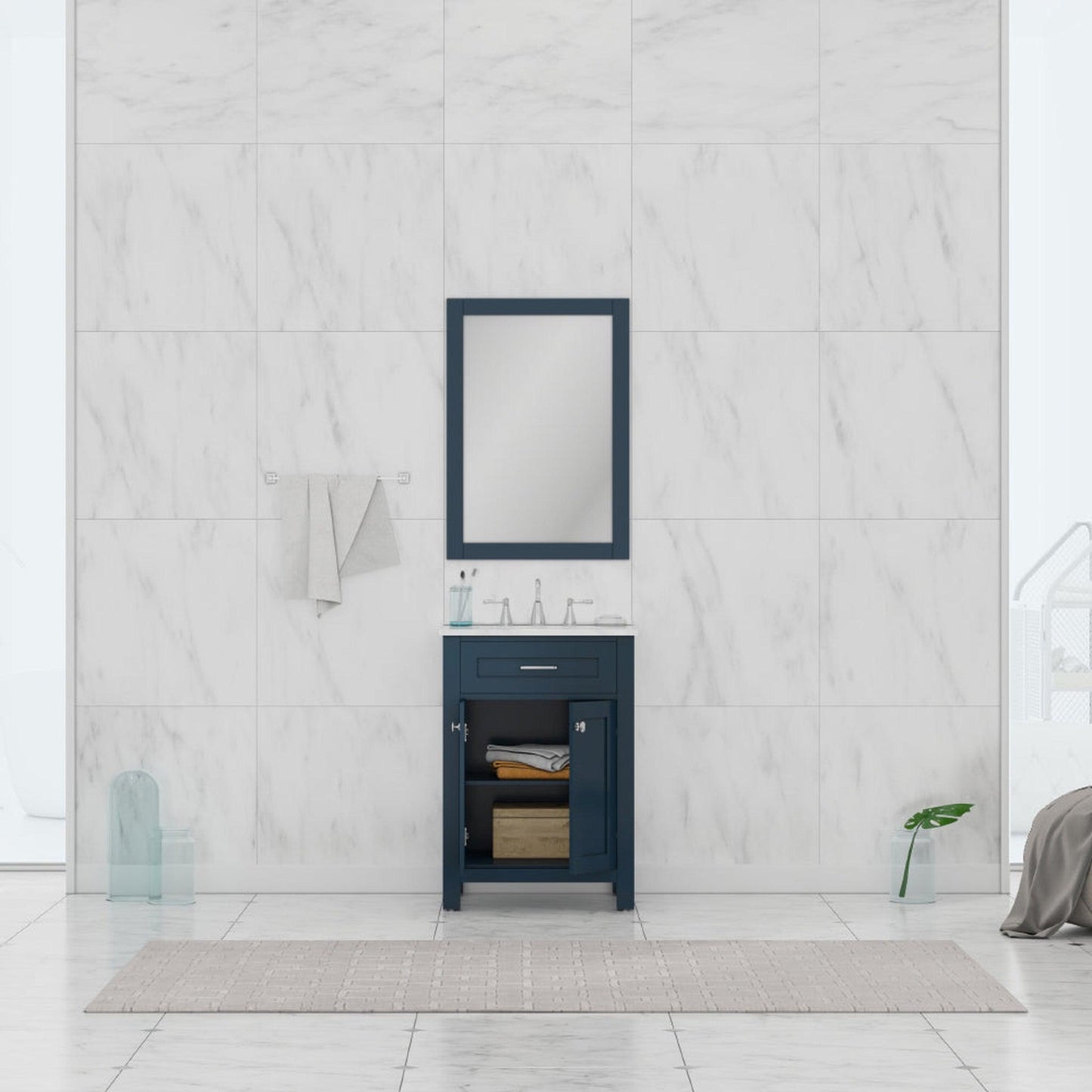 Alya Bath Norwalk 24" Single Blue Freestanding Bathroom Vanity With Carrara Marble Top, Ceramic Sink and Wall Mounted Mirror