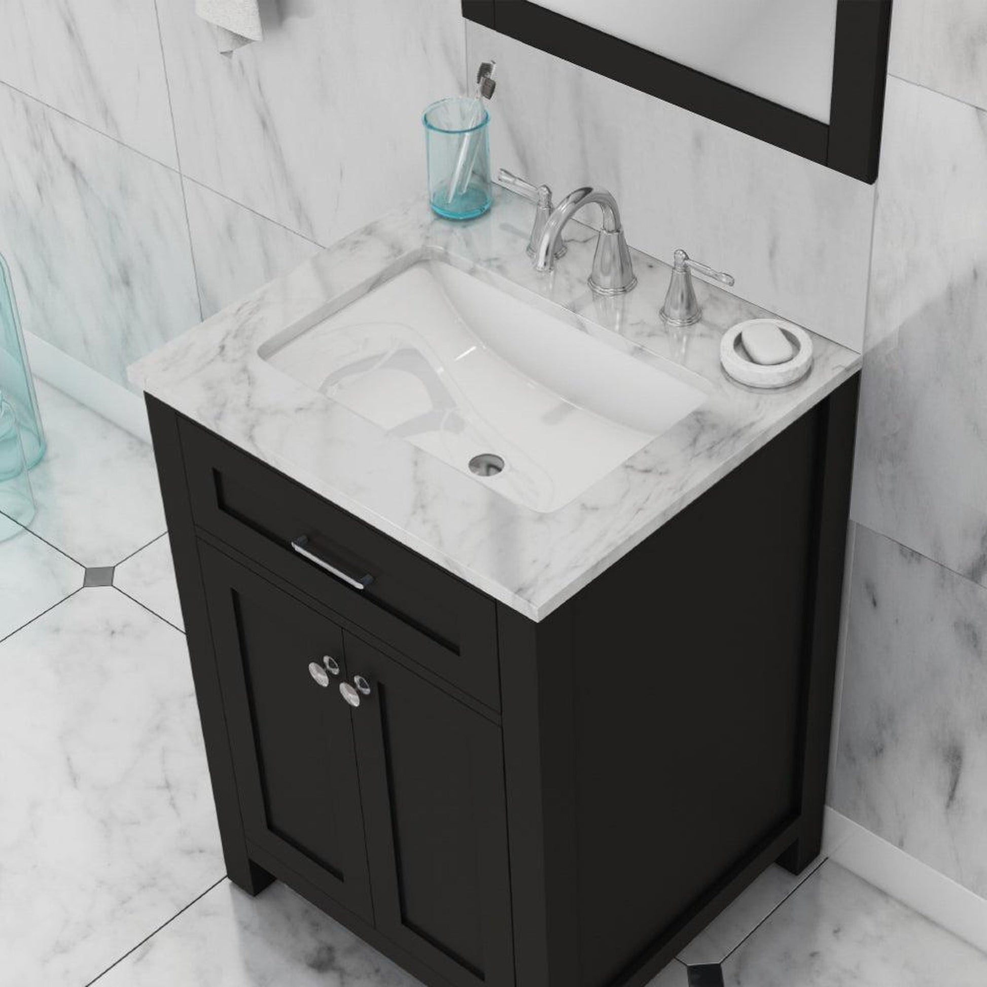 Alya Bath Norwalk 24" Single Espresso Freestanding Bathroom Vanity With Carrara Marble Top, Ceramic Sink and Wall Mounted Mirror