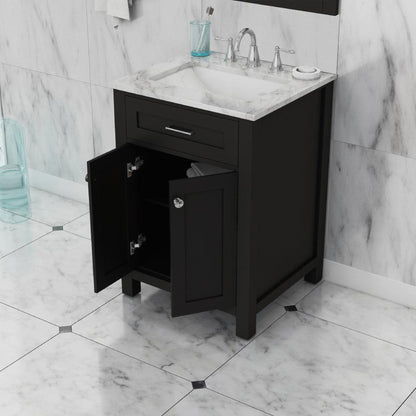 Alya Bath Norwalk 24" Single Espresso Freestanding Bathroom Vanity With Carrara Marble Top, Ceramic Sink and Wall Mounted Mirror