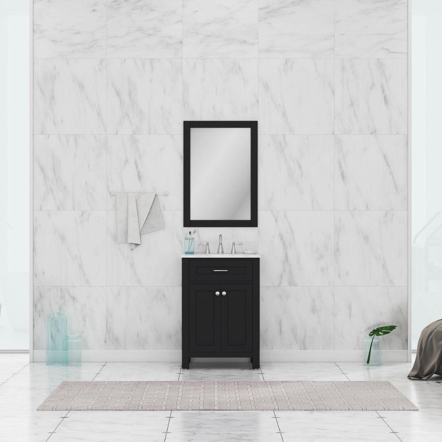 Alya Bath Norwalk 24" Single Espresso Freestanding Bathroom Vanity With Carrara Marble Top, Ceramic Sink and Wall Mounted Mirror