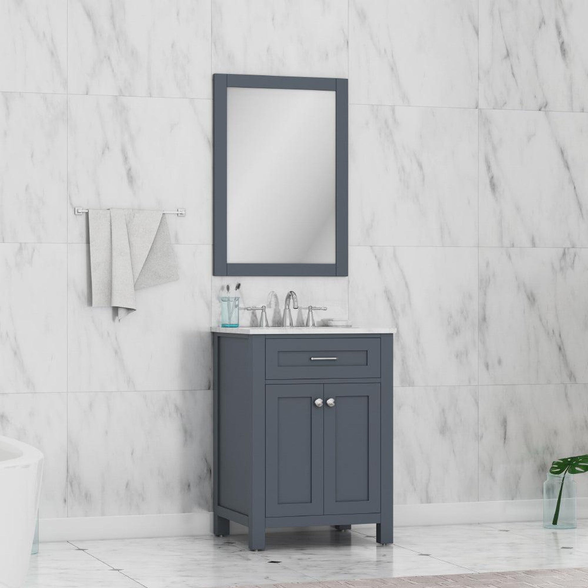 Alya Bath Norwalk 24" Single Gray Freestanding Bathroom Vanity With Carrara Marble Top, Ceramic Sink and Wall Mounted Mirror