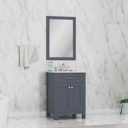 Alya Bath Norwalk 24" Single Gray Freestanding Bathroom Vanity With Carrara Marble Top, Ceramic Sink and Wall Mounted Mirror