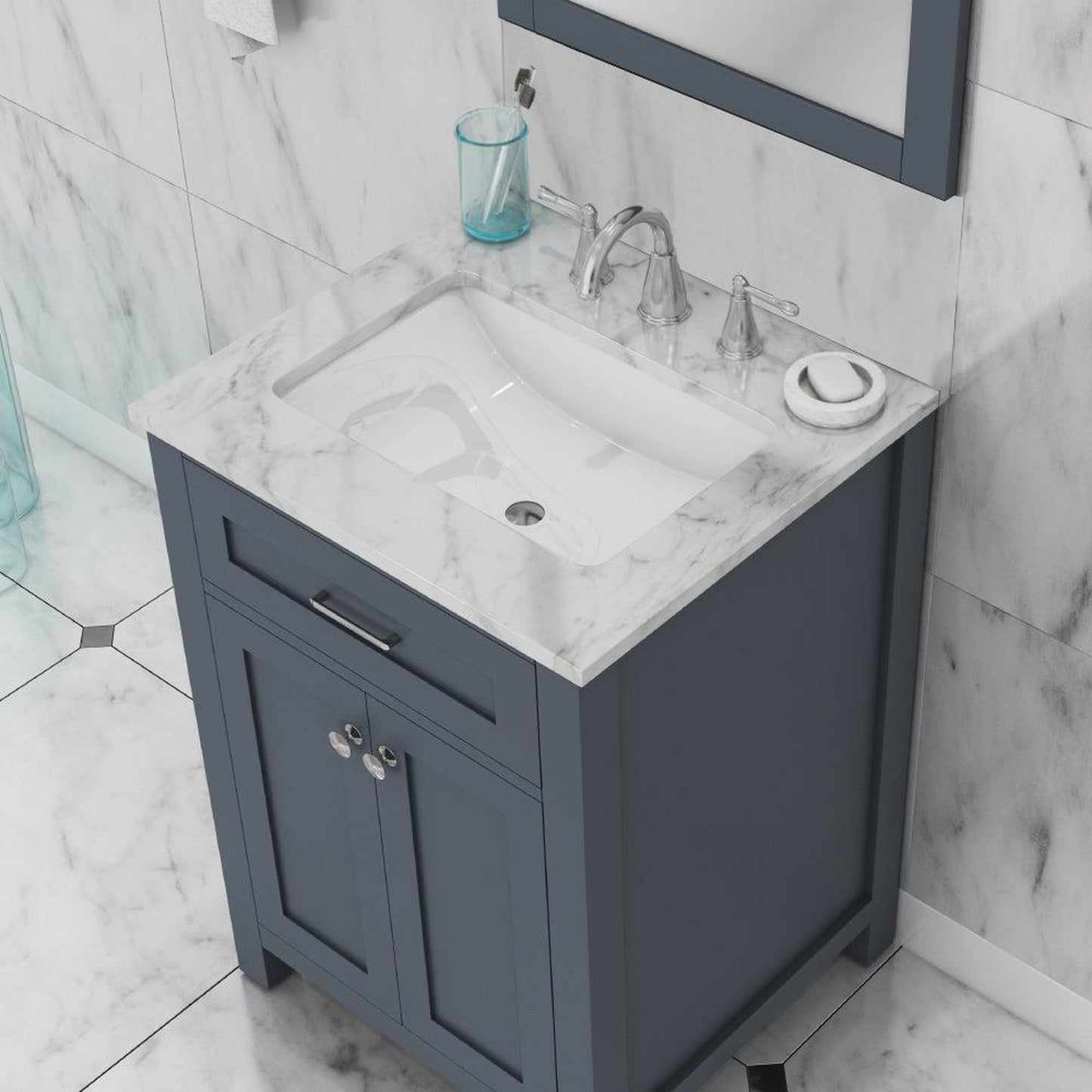 Alya Bath Norwalk 24" Single Gray Freestanding Bathroom Vanity With Carrara Marble Top, Ceramic Sink and Wall Mounted Mirror