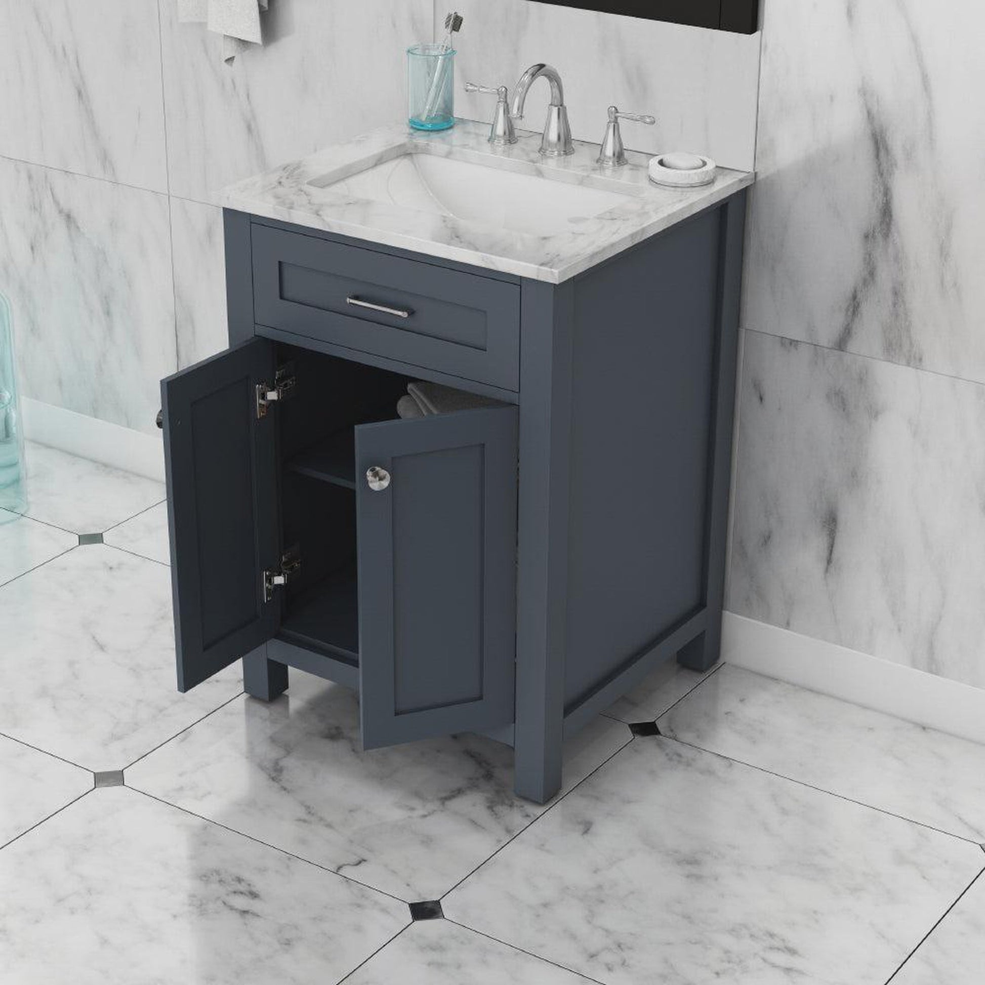 Alya Bath Norwalk 24" Single Gray Freestanding Bathroom Vanity With Carrara Marble Top, Ceramic Sink and Wall Mounted Mirror