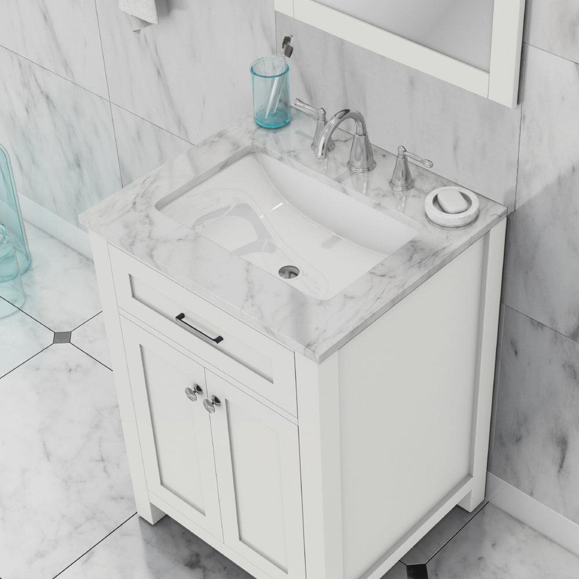 Alya Bath Norwalk 24" Single White Freestanding Bathroom Vanity With Carrara Marble Top, Ceramic Sink and Wall Mounted Mirror