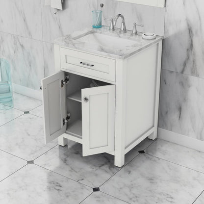 Alya Bath Norwalk 24" Single White Freestanding Bathroom Vanity With Carrara Marble Top, Ceramic Sink and Wall Mounted Mirror