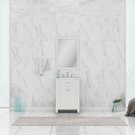 Alya Bath Norwalk 24" Single White Freestanding Bathroom Vanity With Carrara Marble Top, Ceramic Sink and Wall Mounted Mirror