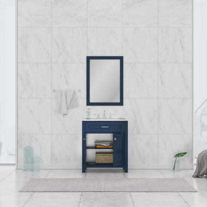 Alya Bath Norwalk 30" Single Blue Freestanding Bathroom Vanity With Carrara Marble Top, Ceramic Sink and Wall Mounted Mirror