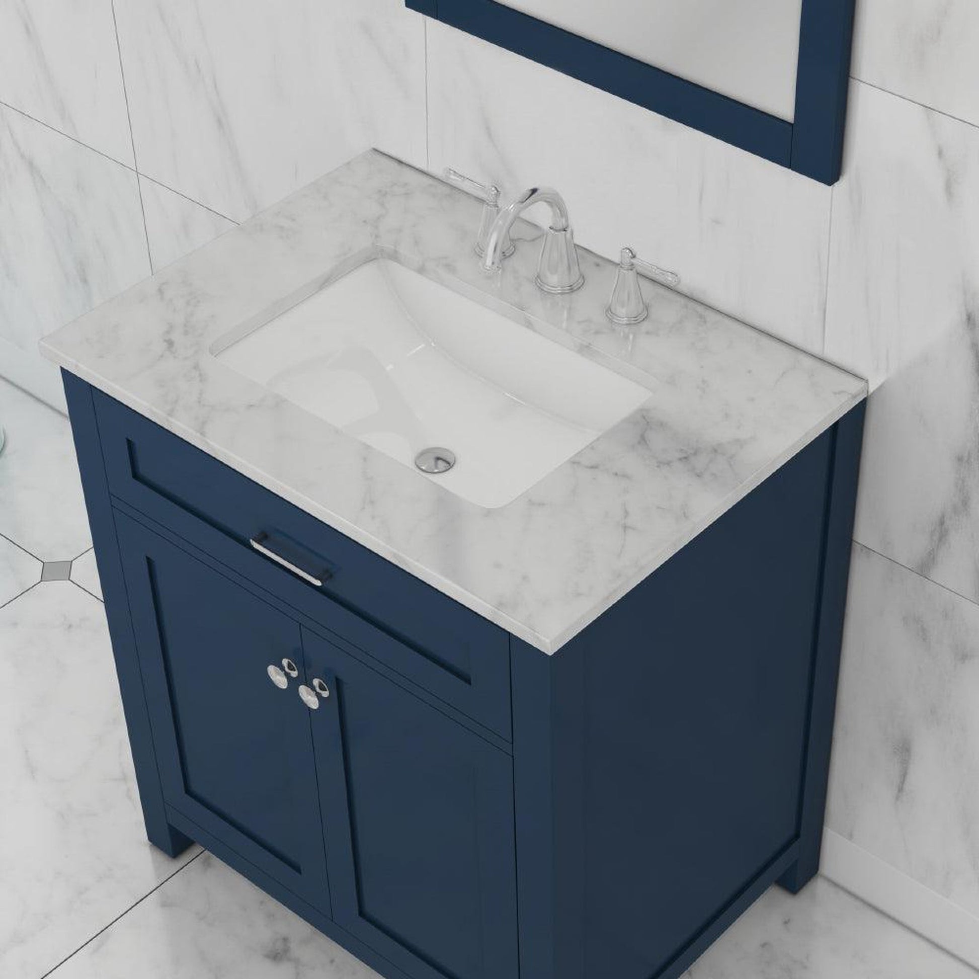 Alya Bath Norwalk 30" Single Blue Freestanding Bathroom Vanity With Carrara Marble Top, Ceramic Sink and Wall Mounted Mirror