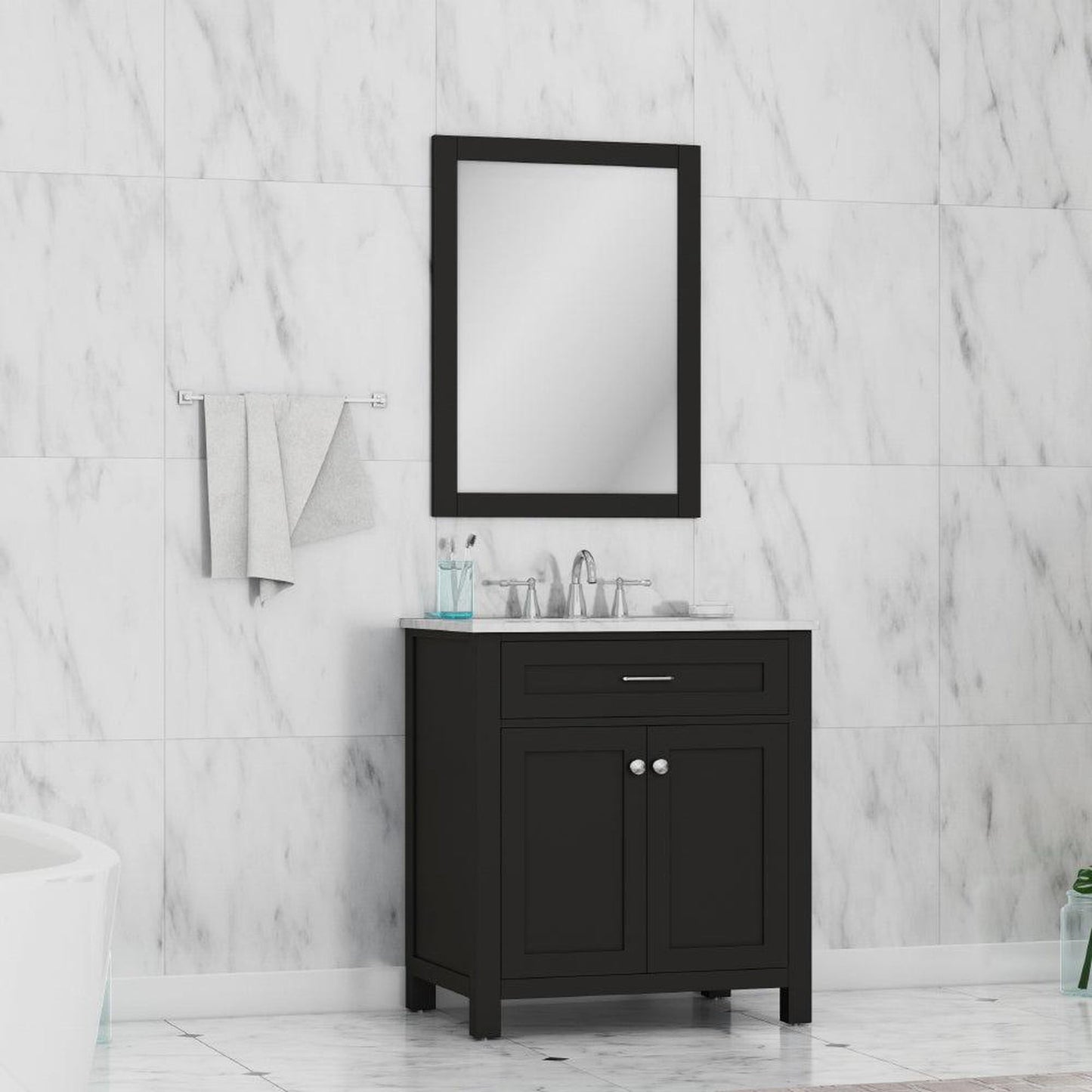 Alya Bath Norwalk 30" Single Espresso Freestanding Bathroom Vanity With Carrara Marble Top, Ceramic Sink and Wall Mounted Mirror